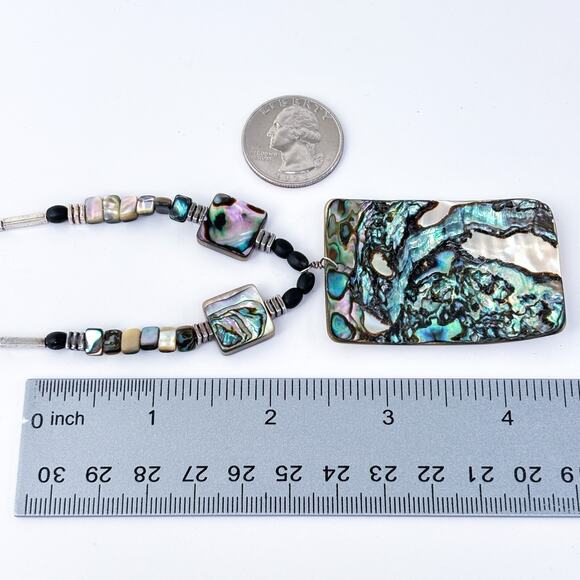Vintage Sterling Silver 925 Abalone Ebony Pendant Necklace 16.5" - Picture 6 of 7
